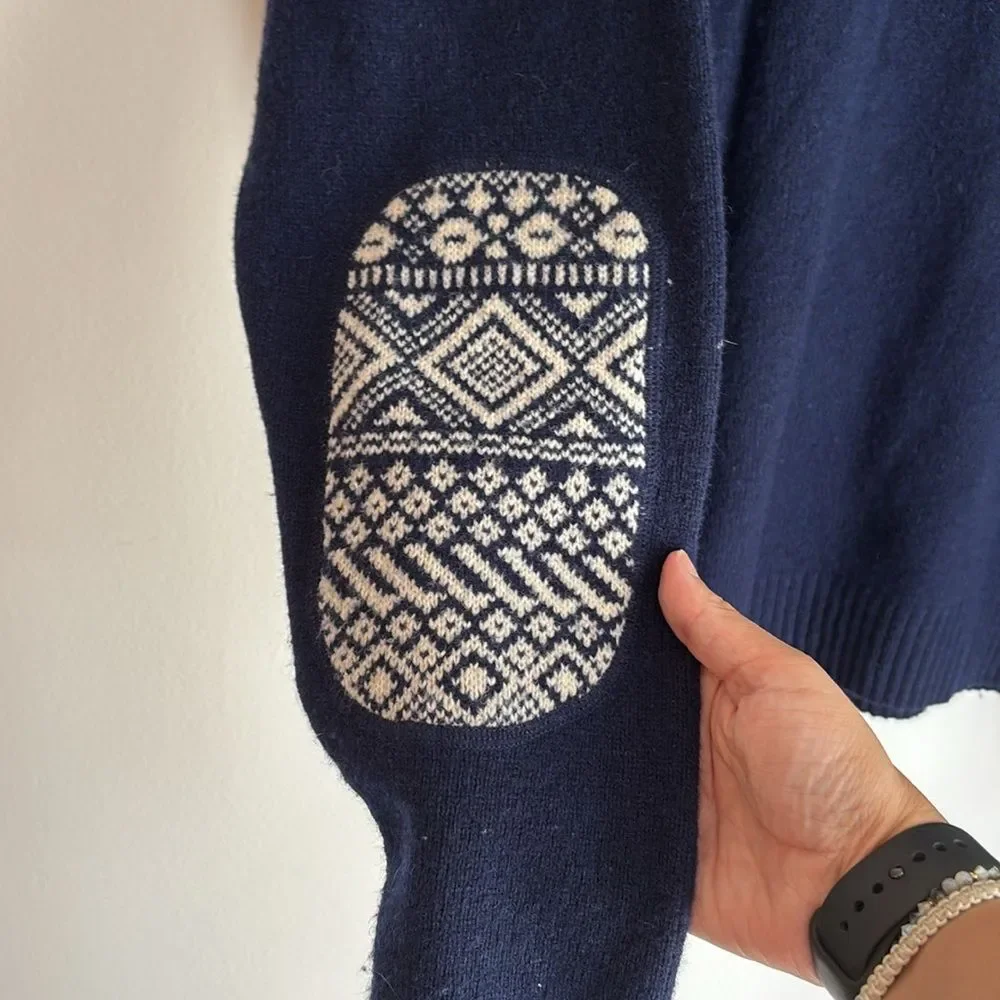 Penguin Dark Blue V-Neck Lambs wool Sweater Geometric Elbow Patch grandpa XL GUC